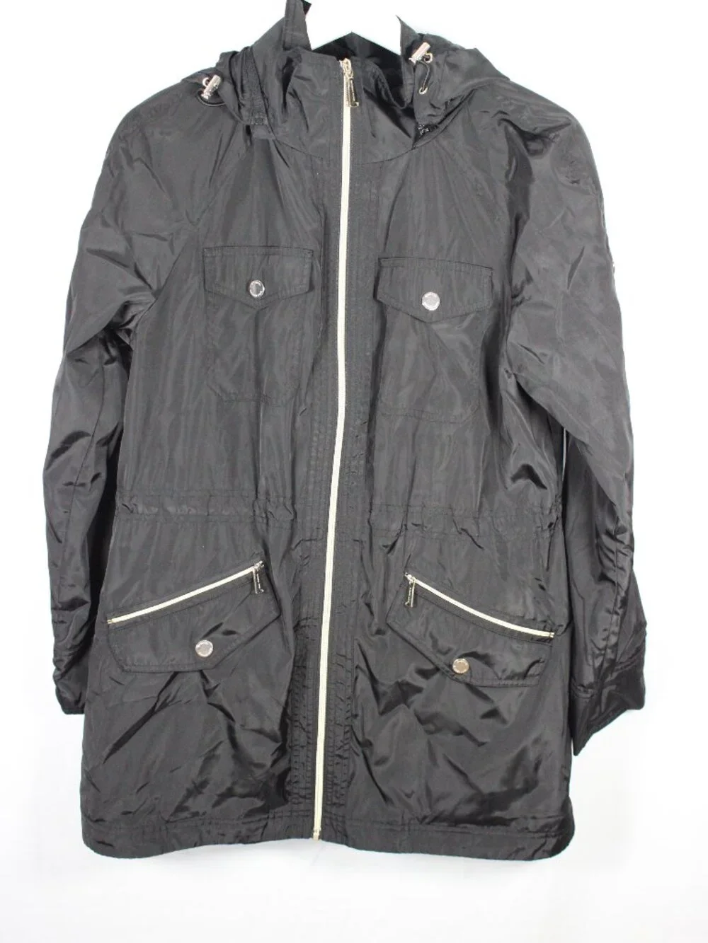 Michael Kors Hooded Raincoat Jacket Size Medium Black Polyester Coat Pockets